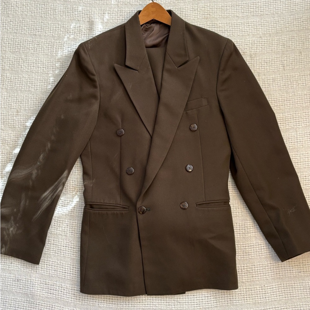 Double-breasted olive suit